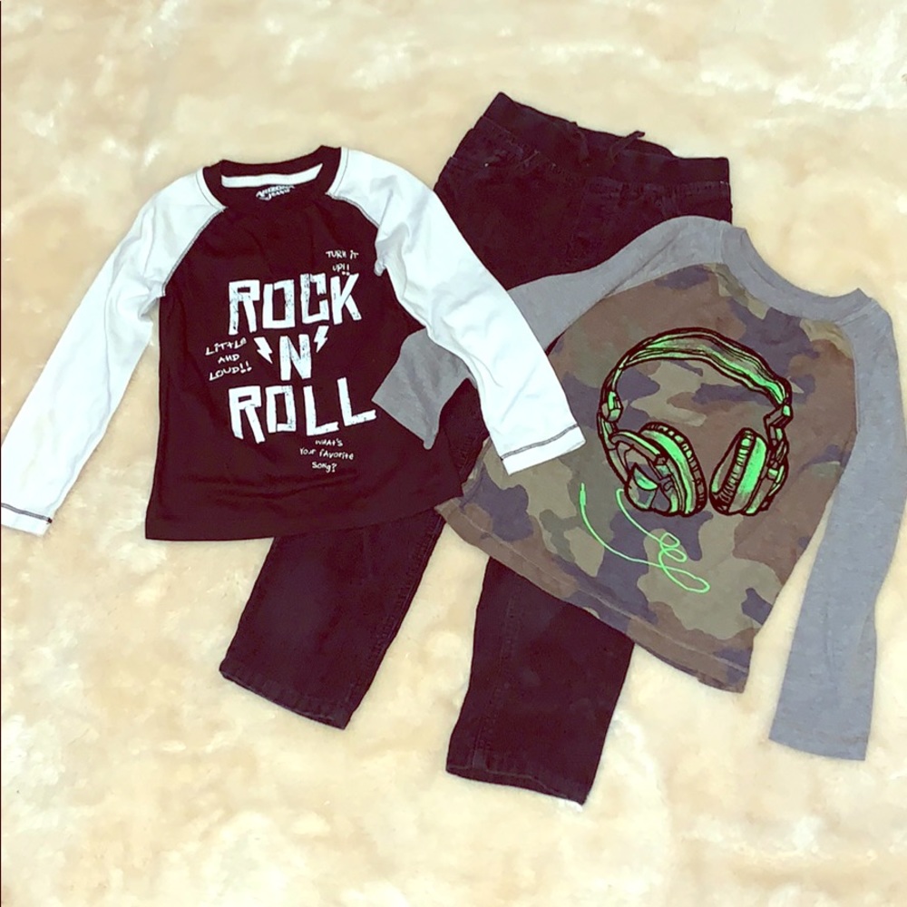 Black corduroy pants w 2 long sleeve shirts